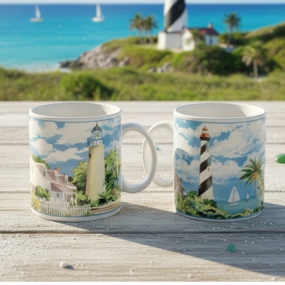 Sakura Waters Edge Lighthouse Coffee Cups, Set of 2, Paul Brent Coastal Mugs
